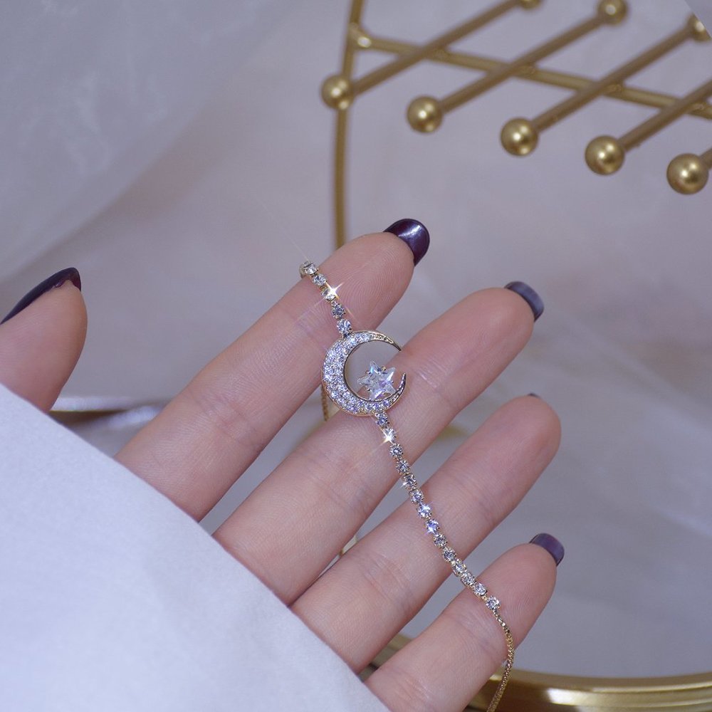 NEW 14K Gold Plated Diamond Moon Star Bracelet - Picture 4 of 7